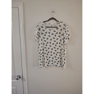 LuLaRoe XL Butterfly Print T-Shirt White Teal Short Sleeve Scoop Neck Top